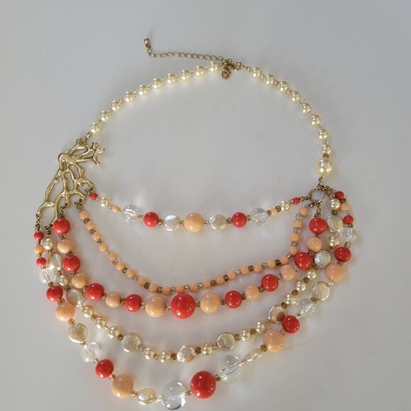 Vintage Coral Peach Pearl Beaded Necklace Multi Strand Layered Gold Tone Jewelry - Picture 1 of 10
